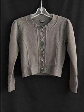 Theory Elaya Novella 100% Wool Cropped Cardigan Black SP Puff Sleeve